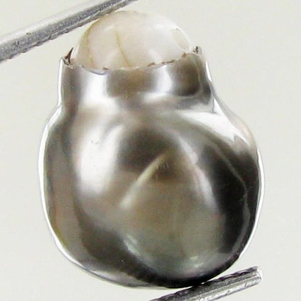 7.38ct Freeform Tahitian Black Pearl: Scarcely shaped; drilled and ready for one-of-a-kind pendant