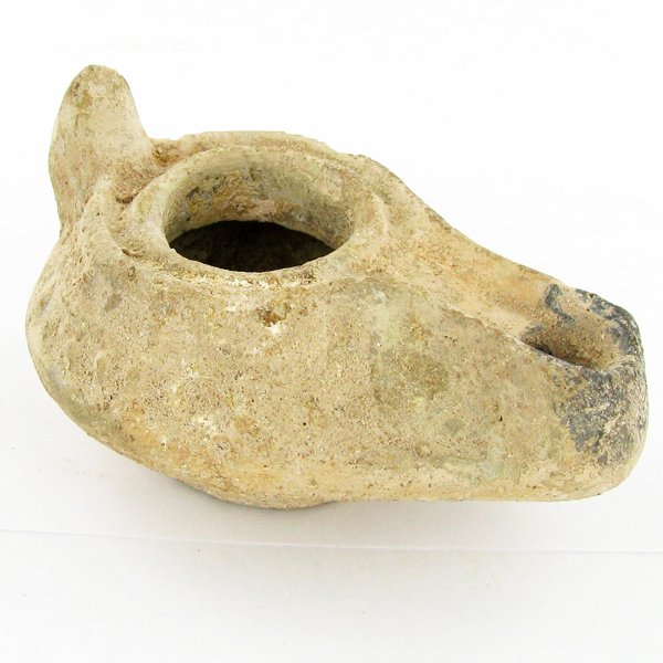 Scarce Ancient Byzantine Oil Lamp 1600 Y/O: Scarce intact clay (usually these are broken) oil lamp; excellent earth patina; found intact in Holy Land; 4"; approximately 100 AD