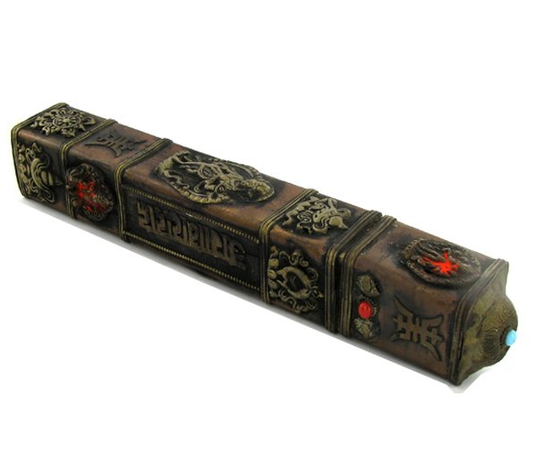 Tibet Brass Scroll Tube: Excellent vintage piece adorned with semi-precious stones, Buddhist Monks use to hold prayer scrolls, 11"