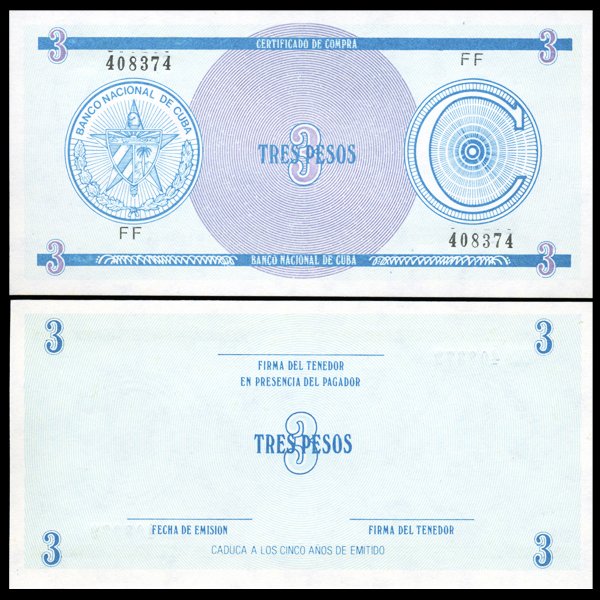 1987 Cuba 3 Peso For. Exch. Note Crisp Unc.: Scarce issue