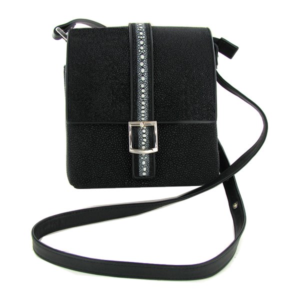 Unisex Stingray Shoulder Bag: Well made from tail pelt new stingray hide shoulder bag perfect for travel or small camera; fold out interior includes zippered compartment; coin holder; pen holder and a large expandable storage area