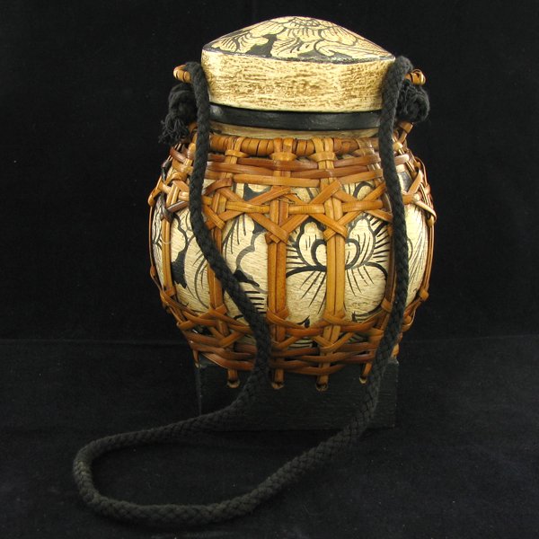 Hand Decorated Rice Container: Mastic Over Hand-Woven Bamboo, Used for Storage of Rice and Grain, 6"