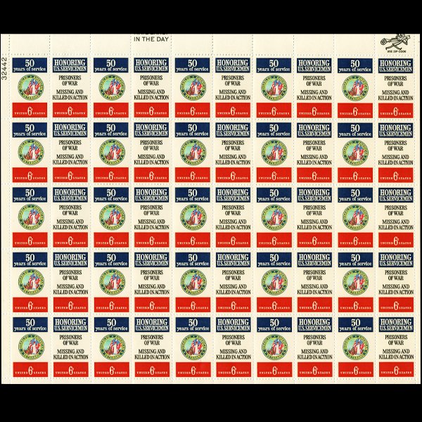 1970 US Vets 6c Mint Sheet ERROR: Full 50pc mint sheet with color shift in Soldier shading