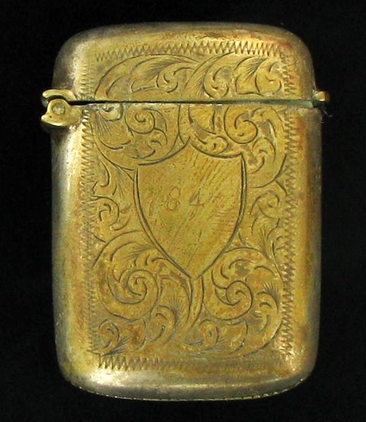 Antique Engraved Silvered Vesta Case: Excellent original piece with striker bar; store matches or whatever; 2"