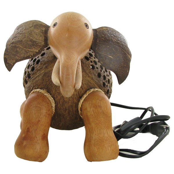 Coconut Shell Teak Elephant Lamp: Excellent hand crafted piece; perfect for night light; 8"