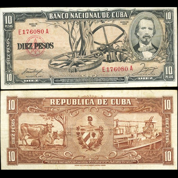 1958 Cuba 10 Peso Note Crisp Circulated: Scarce issue