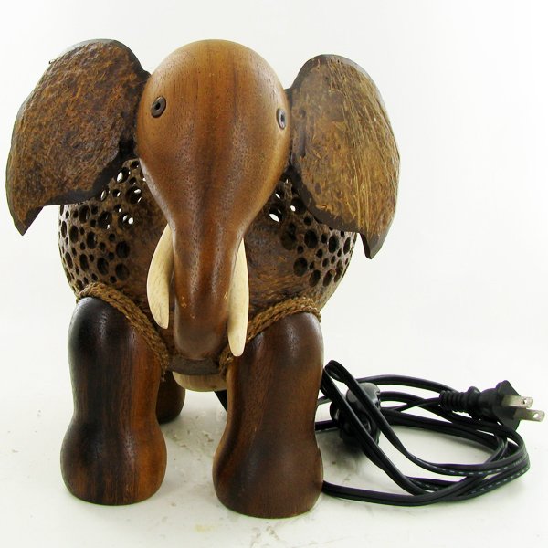Coconut Shell Teak Elephant Lamp: Excellent hand crafted piece; perfect for night light; 8"