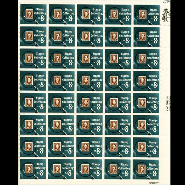 1972 US Stamp Collecting 8c Mint Sheet ERROR: Full 40pc mint sheet with strong shift of Franklin stamp in SW portion