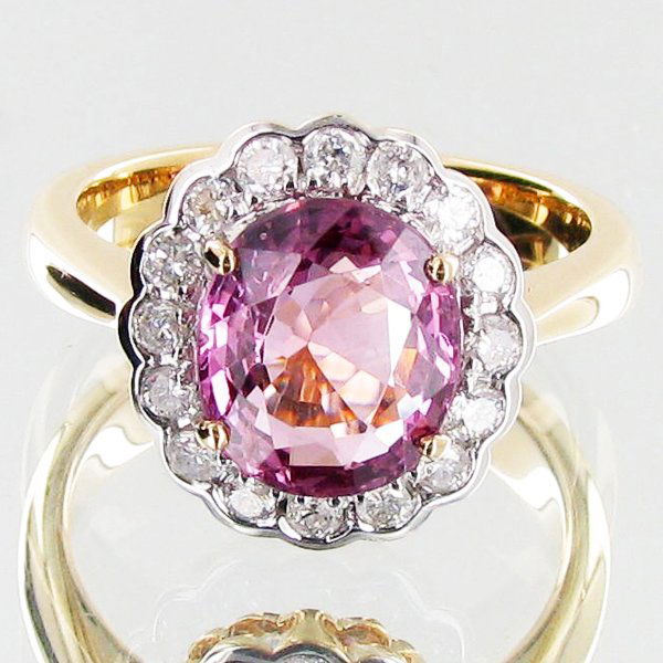 2.62ct Pink Spinel/Dia. 14k Ring Appraised $16k: Excellent NEW well crafted 14k gold piece with main stone a lavender pink spinel; 16 I-H white accent diamonds round full cut; lab quality evaluation 8; treatment as noted; Jeweler wholesale $5000; fu