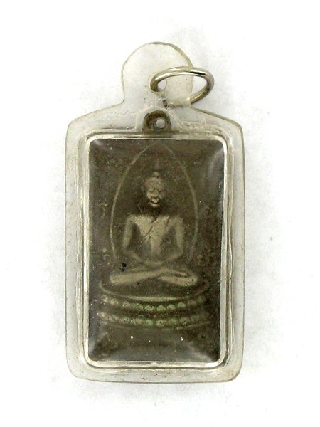 Antique Thai Silver Bronze Buddha Amulet in Plastic Pen: Excellent antique piece