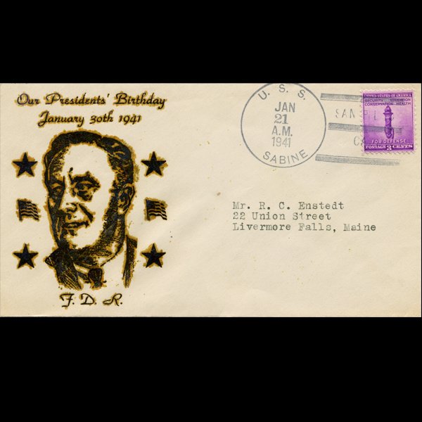 1941 US 3c USS Sabine FDR Birthday Cover: Scarce piece form ship that served in WW2 and Cuban Missile Crisis