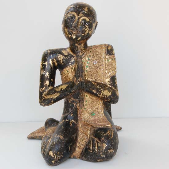 Large Gilded Buddhist Wood Monk Handcarved INVEST: Hand-carved heavily gilded piece, Scarce Monkey Pod wood, 20"