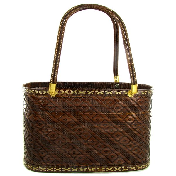 Finely Hand-woven Lipao Gold Plate Handbag: A week of work in this finely, tightly woven Lipao vine handbag, gold plated hardware, silk lined with mirror; 10.5in wide