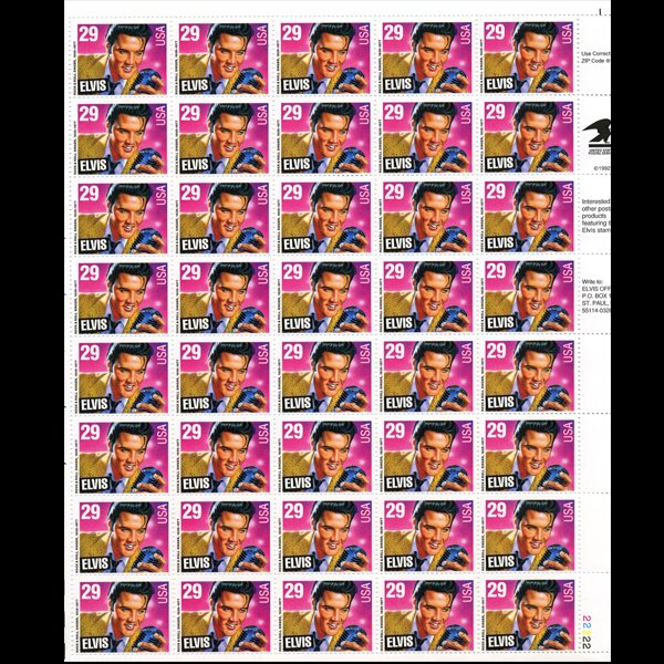 1993 US Elvis 29c Mint Sheet ERROR: Full 40pc mint sheet with ELVIS banner shifted left in SW
