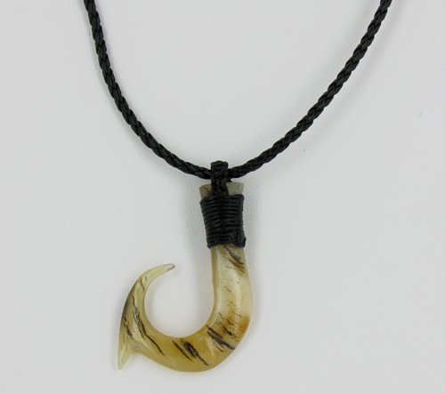White Buffalo Horn Hawaii Fishhook Pendant Choker: Scarce white buffalo horn, pendant 2.25", choker 17"