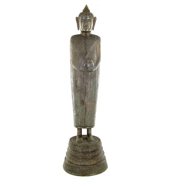 Scarce Antique 1800s Silver/Bronze Cambodian Buddha: 1800s Scarce silvered bronze with wood core; HUGE 21"