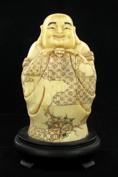 Chinese Handcarved Bone Standing Buddha With Bat: Excellent handcarved piece; 6"