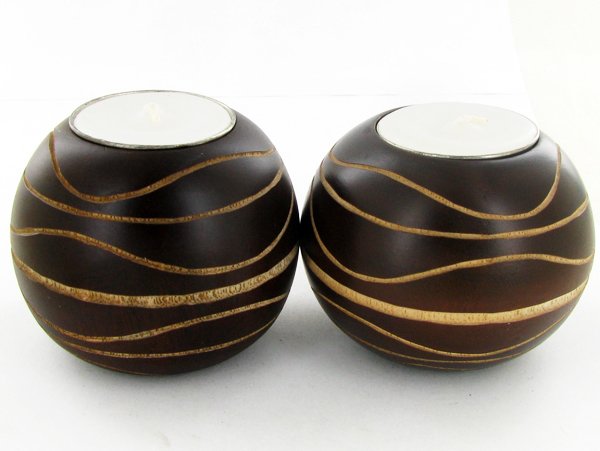 Mango Wood Candle Holder Pair: Excellent handcrafted pair; 3in ea.