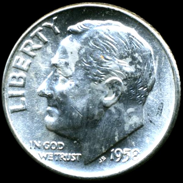 1958D FDR 10c MS65/66 FB Speared Head Error: Excellent gem piece; with die break speared head