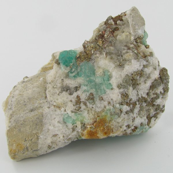 270ct Natural Colombian Emerald Crystal Cluster: Excellent specimen with pyrite crystals and small emerald crystal vein on base material