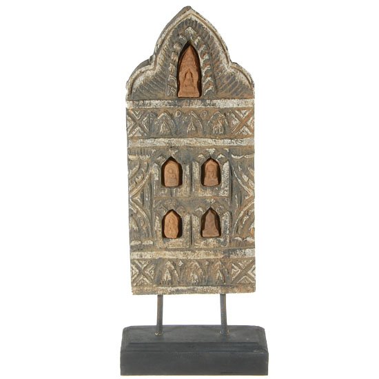 Teak Buddhist Votive Tablet w/Clay Amulets: Excellent Hand Carved, In Black, 17", Inset Clay Amulets