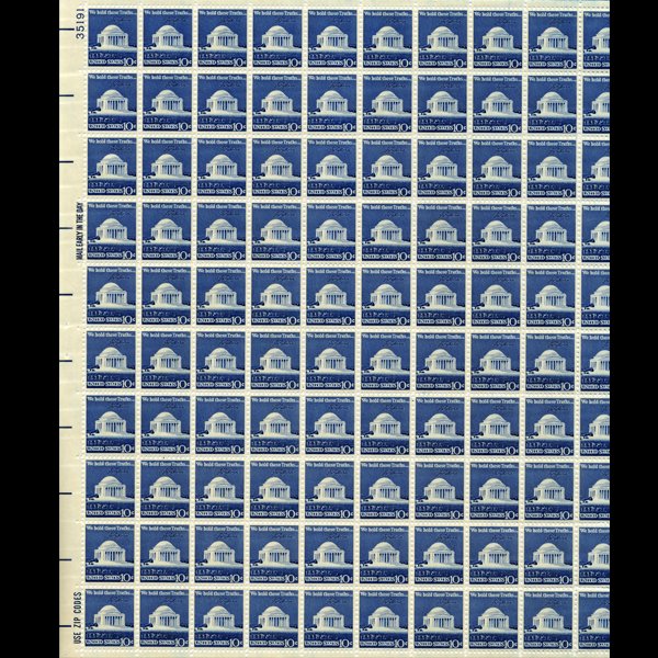 1974 US Jefferson 10c Mint Sheet: Excellent full sheet