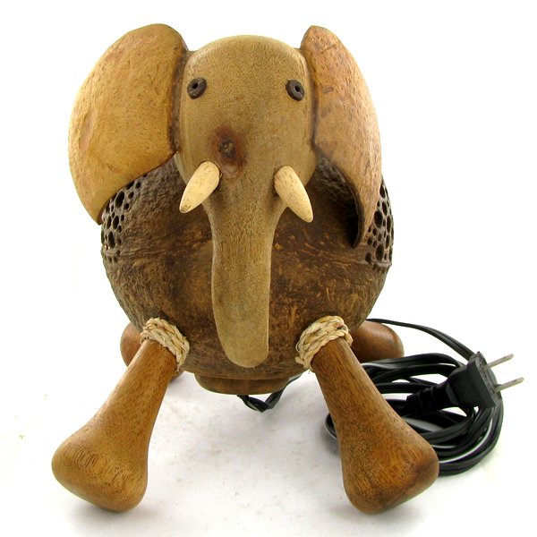 Coconut Shell Teak Elephant Lamp: Excellent hand crafted piece; perfect for night light; 8"