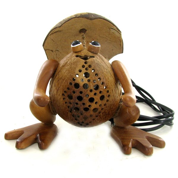 Coconut Shell Teak Frog Lamp: Excellent hand crafted piece; perfect for night light; 9"