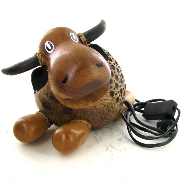 Coconut Shell Teak Bull Lamp: Excellent hand crafted piece; perfect for night light; 10"