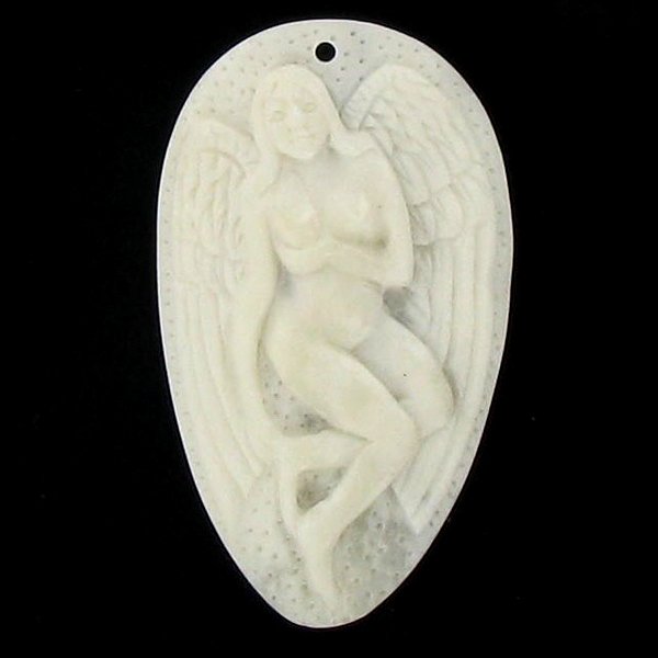Carved Ox Bone Angel Pendant: Handcarved and well-crafted; 2"; stock photo, details may vary