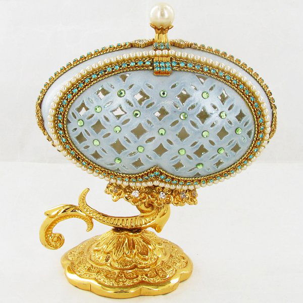 Fabrege Style Crystal Decorated Egg Ring Box: Well crafted; 5"