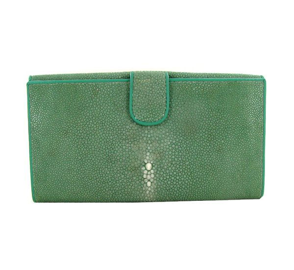 Ladies Stingray Hide Clutch Purse Wallet: Well made; brand new ladies Stingray Hide polished green clutch purse/wallet. 7.5" x 4" x .75" when folded. Multiple inside sections; one zippered with multiple dividers and a smaller zippered section