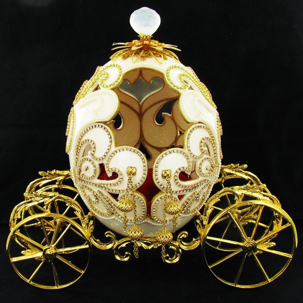 Fabrege Style Ostrich Egg Gilded Carriage Jewel Box: Well crafted; 10"