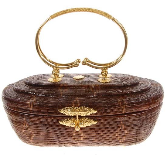 Finely Hand-woven Lipao Gold plate Handbag: Many weeks of work in this finely, tightly woven Lipao vine handbag, gold plated hardware, silk lined with mirror