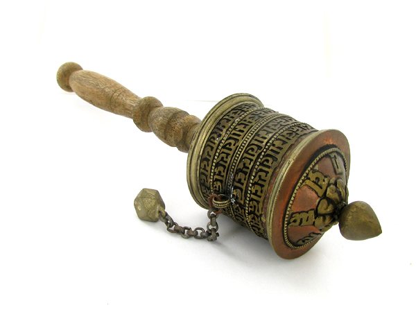 Tibet Bronze Prayer Wheel with Handle: Excellent vintage piece with handle prayer scroll remaining inside, Buddhist Monks spin these while chanting during temple prayer, semi-precious stones, 10"