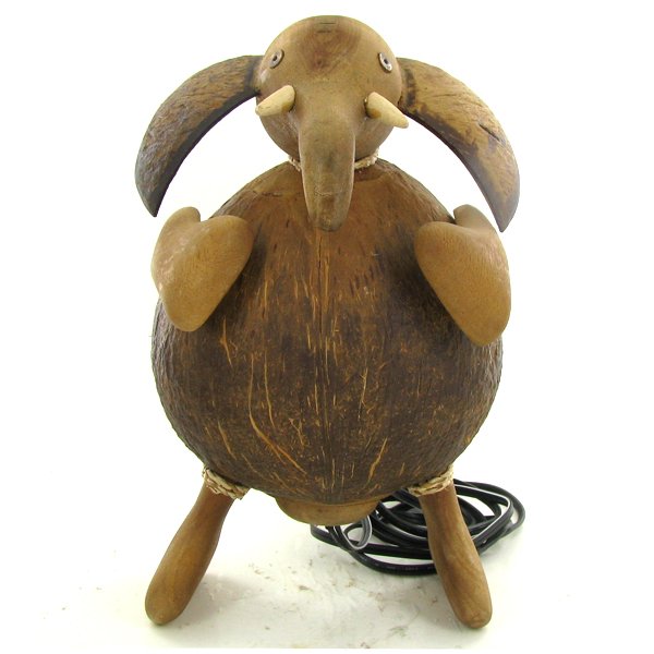 Coconut Shell Teak Elephant Lamp: Excellent hand crafted piece; perfect for night light; 10"