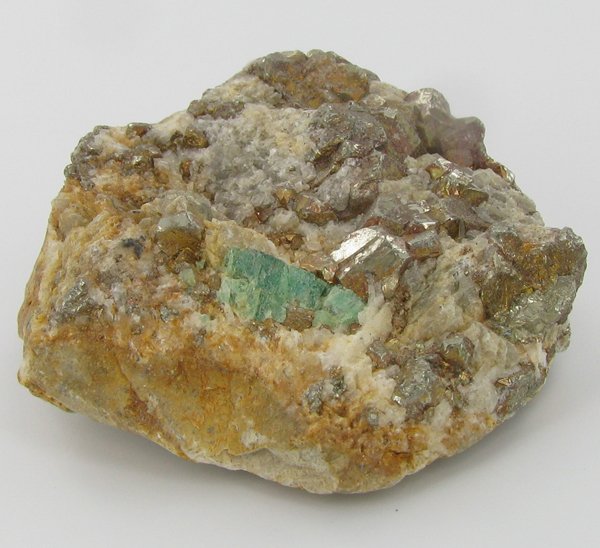 245ct Natural Colombian Emerald Crystal Cluster: Excellent specimen with pyrite crystals and small emerald crystal vein on base material