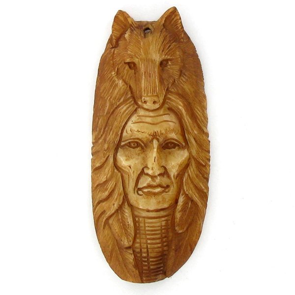Carved Ox Bone Indian & Bear Pendant: Handcarved and well-crafted; 2"; stock photo, details may vary