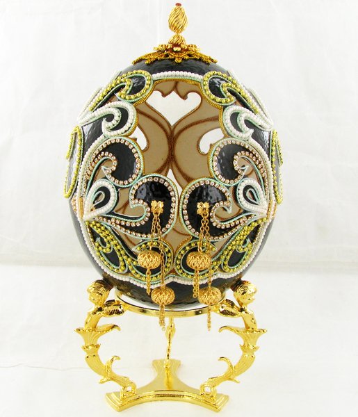 Fabrege Style Decorative Ostrich Egg Gilded Jewel Box: Well crafted; 10"