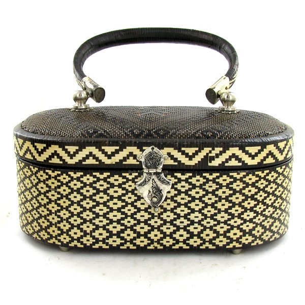 Finely Hand-woven Lipao Silver Plate Handbag: A week of work in this finely, tightly woven Lipao vine handbag, silver plated hardware, silk lined with mirror; 7in wide