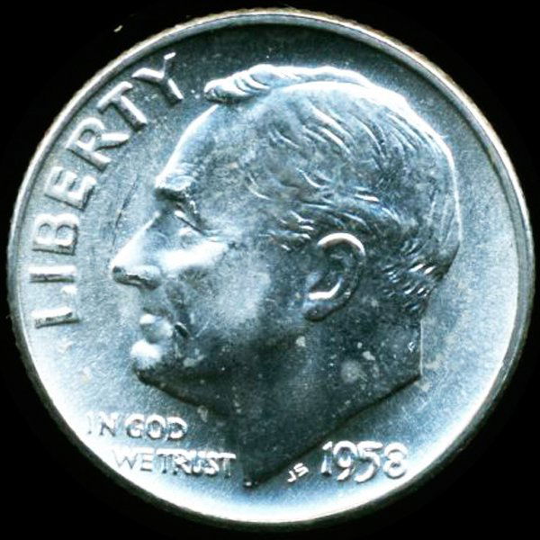 1958D FDR 10c MS65/66 Full Bands Snot Nose Die Break: Excellent gem piece; with die break at nose