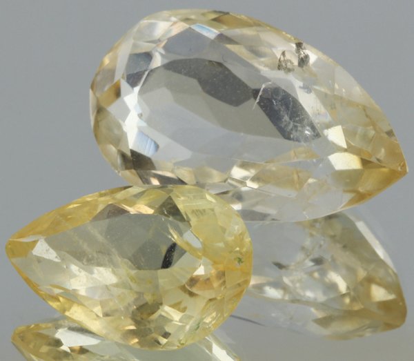 20.9ct Lemon Yellow Citrine Pear Cut Pair: Excellent heated grade 9 of 10 specimen; estimated Gem Guide wholesale $35, estimated retail $100; Africa origin