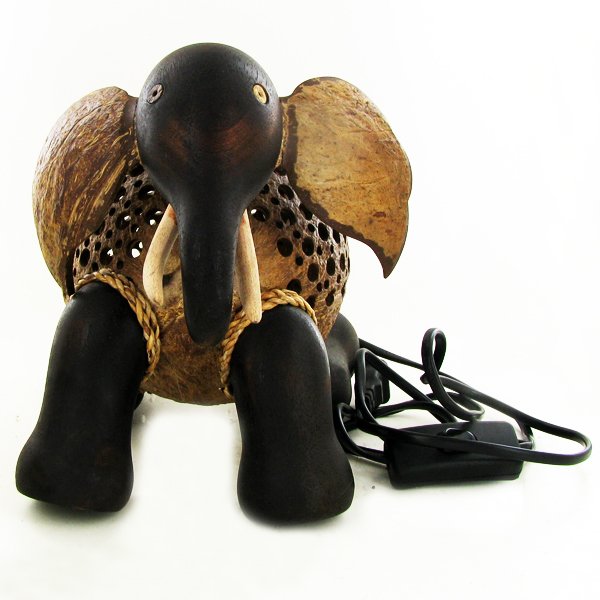 Coconut Shell Teak Elephant Lamp: Excellent hand crafted piece; perfect for night light; 8"