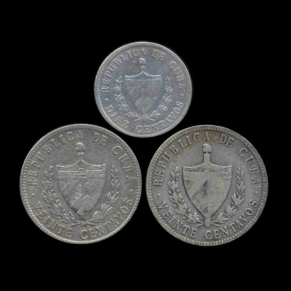 1915-49 Cuba 10c & 20c 3pcs VF/AU: Nice scarce early pieces