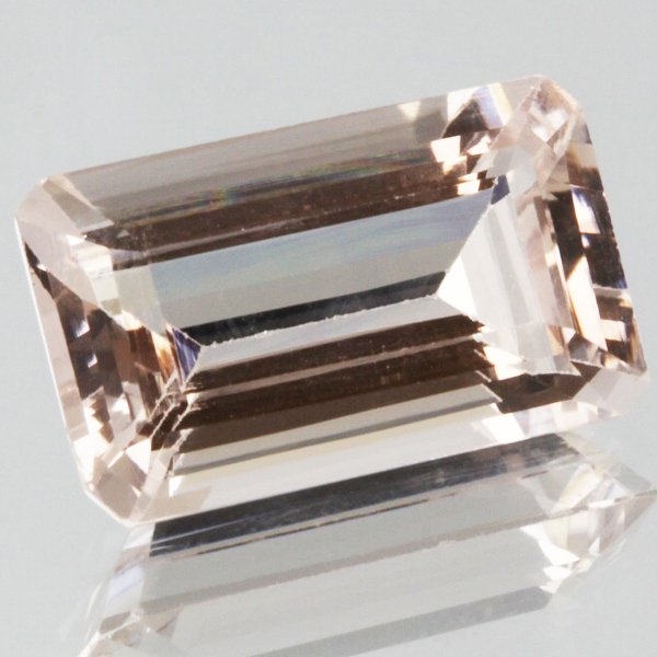 5.5ct Strong Peach Morganite Emerald Cut: Excellent heated grade 8 of 10 specimen; estimated Gem Guide wholesale $935, estimated retail $3300; Brazil origin