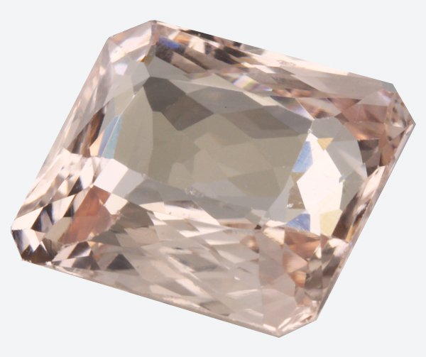 8.05ct Peach Pink Flawless Morganite Emerald Cut: Excellent untreated grade 9 of 10 specimen; estimated Gem Guide wholesale $225, estimated retail $675; Brazil origin