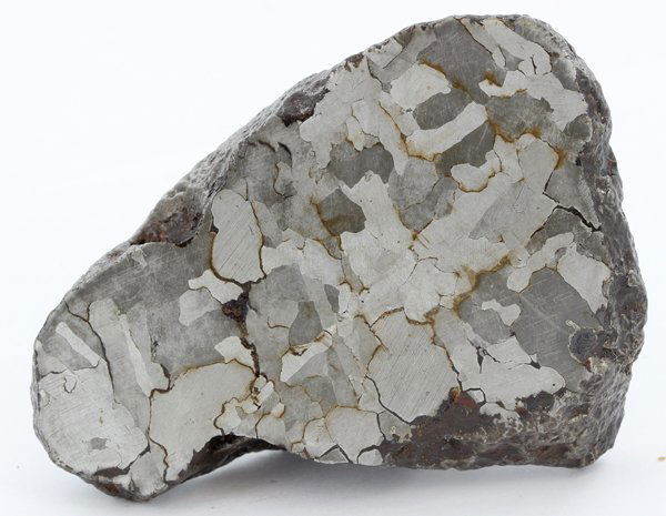 662gm Sliced/Etched Del Campo Meteorite Cut Half: Scarce remnant of prehistoric (2000-4000bc) meteorite discovered in the 16th century; a main mass of 18 tons has been discovered along with a shower of smaller breakup fragments; cosmic age is young f