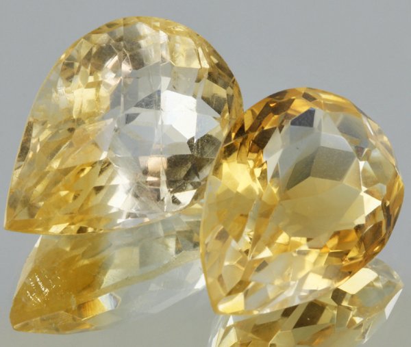 21.55ct Lemon Yellow Citrine Pear Cut Pair: Excellent heated grade 9 of 10 specimen; estimated Gem Guide wholesale $35, estimated retail $100; Africa origin