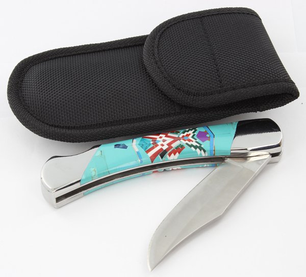 Handcrafted Inlaid Turquoise & Red Coral Stainess Knife: Excellent NEW folding piece; 8.5"; with case; stainless