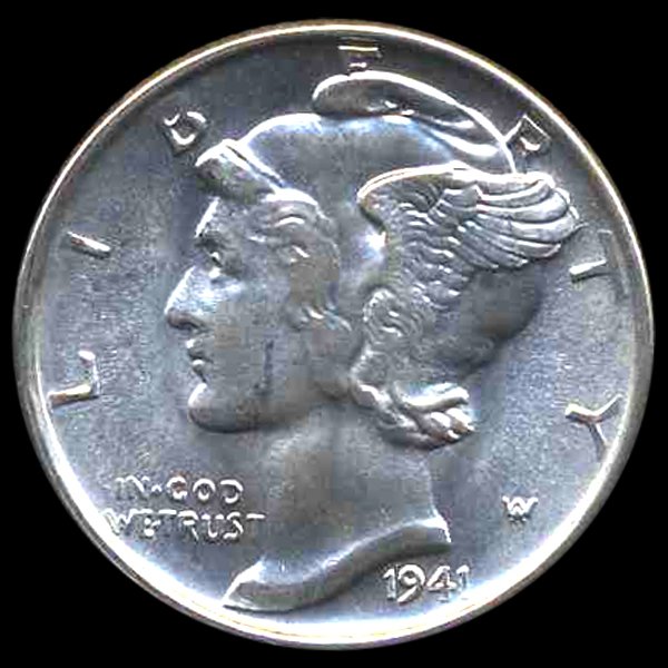 1941S Mercury Dime Gem MS66 ERROR: Scarce gem piece with speared head error